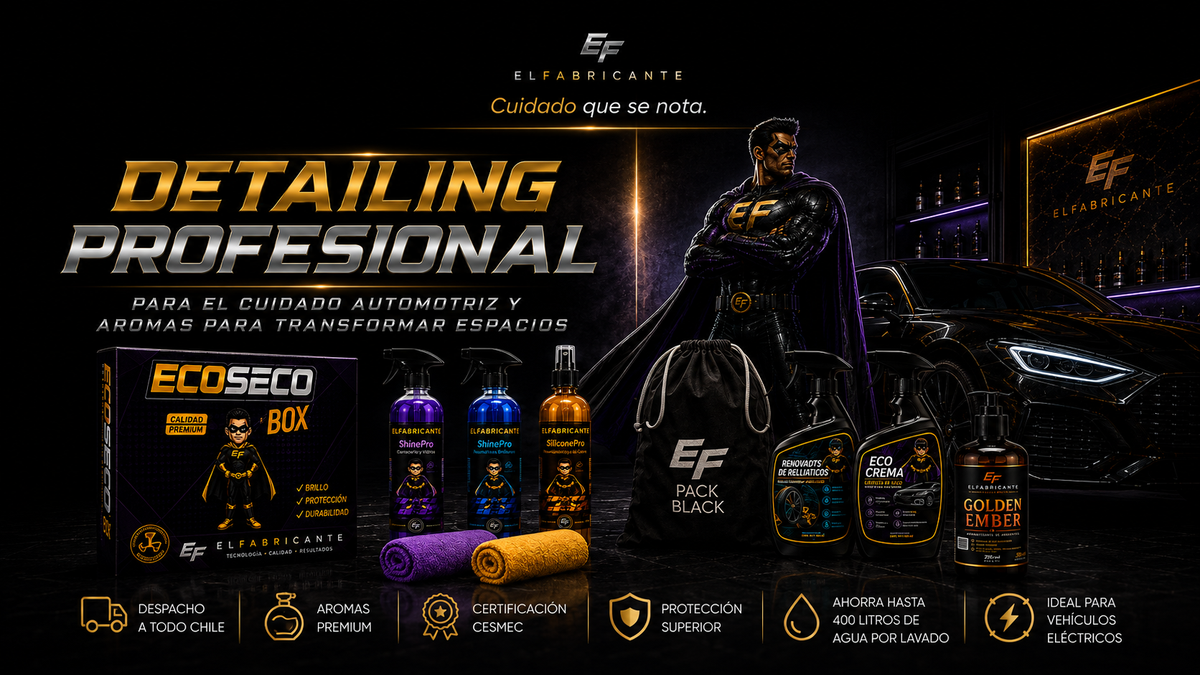 Banner principal EL FABRICANTE con productos de detailing automotriz, lavado en seco y aromas